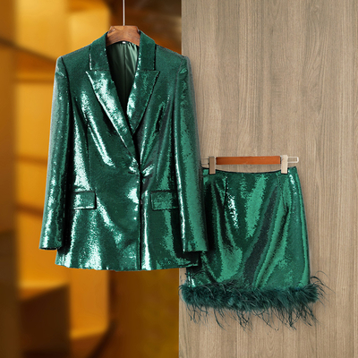 SR2261 Green Two-piece Dress Set Elegant Sequin Disco Feather Set Spring Season Eco-friendly Sequin Design Feather Detail