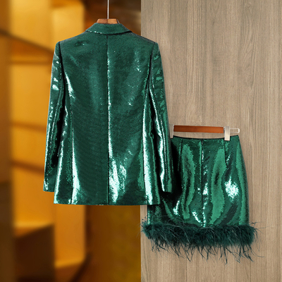 SR2261 Green Two-piece Dress Set Elegant Sequin Disco Feather Set Spring Season Eco-friendly Sequin Design Feather Detail