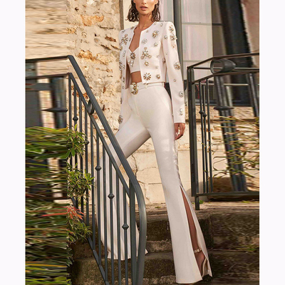 Autumn Fashion Two-Piece Set with Tight Pants SR2251 White Crystal Luxurious Business Suit Minimum Order 1 Piece