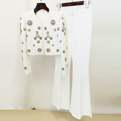 Autumn Fashion Two-Piece Set with Tight Pants SR2251 White Crystal Luxurious Business Suit Minimum Order 1 Piece