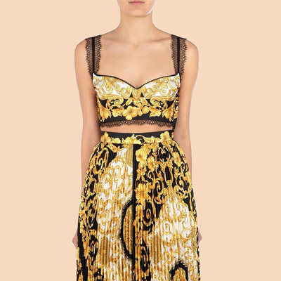 Vintage Floral Print Lace Vest and Pleated Skirt Designer Summer Two-Piece Dress for Breathable Comfort