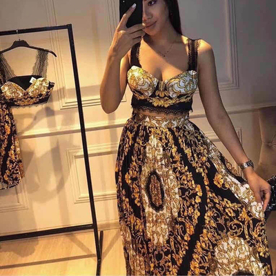 Vintage Floral Print Lace Vest and Pleated Skirt Designer Summer Two-Piece Dress for Breathable Comfort