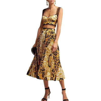 Vintage Floral Print Lace Vest and Pleated Skirt Designer Summer Two-Piece Dress for Breathable Comfort