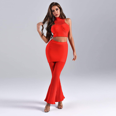 Kimshein BD2153 Fashion Sleeveless Cutout Top and Bandage Mint Sexy Two-Piece Pants Set with Elastic Bandage Fabric