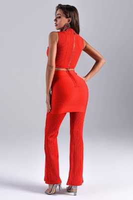 Kimshein BD2153 Fashion Sleeveless Cutout Top and Bandage Mint Sexy Two-Piece Pants Set with Elastic Bandage Fabric