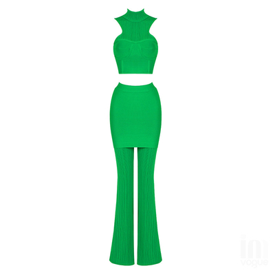 Kimshein BD2153 Fashion Sleeveless Cutout Top and Bandage Mint Sexy Two-Piece Pants Set with Elastic Bandage Fabric