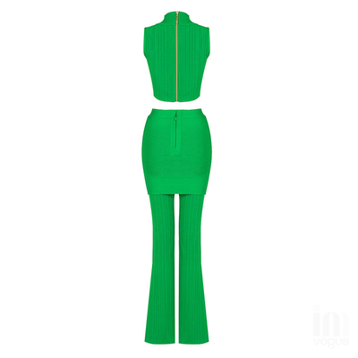 Kimshein BD2153 Fashion Sleeveless Cutout Top and Bandage Mint Sexy Two-Piece Pants Set with Elastic Bandage Fabric