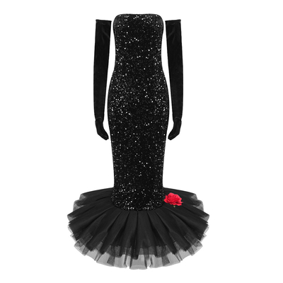 ED2593 Women's Polyester Fabric Long Sleeve Evening Dress with Shimmering Sequins and Woven Technique