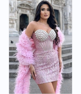 Kimshein ED2577 Fashionable Luxury Feather Dress Crystal Strapless Dress for Women Elegant Christmas Party Dress Dance Style