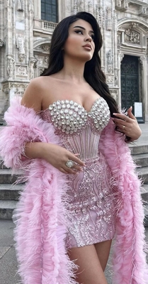 Kimshein ED2577 Fashionable Luxury Feather Dress Crystal Strapless Dress for Women Elegant Christmas Party Dress Dance Style