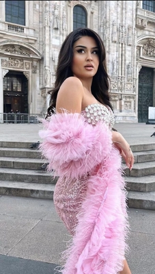 Kimshein ED2577 Fashionable Luxury Feather Dress Crystal Strapless Dress for Women Elegant Christmas Party Dress Dance Style