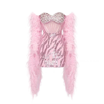 Kimshein ED2577 Fashionable Luxury Feather Dress Crystal Strapless Dress for Women Elegant Christmas Party Dress Dance Style