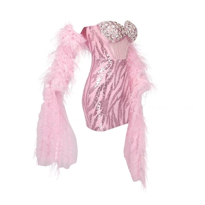 Kimshein ED2577 Fashionable Luxury Feather Dress Crystal Strapless Dress for Women Elegant Christmas Party Dress Dance Style