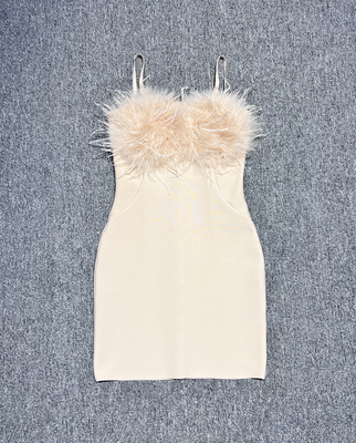 Summer Feather Bandage Spaghetti Strap Dress Italian Slim Elegant Sexy Party Evening Dress Mini Dress Full Polyester