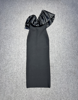 SB3187 Kimshein Fashionable Black Bandage One-Shoulder Dress with Tight-Fitting Silhouette and Popular Cage Belt Elements