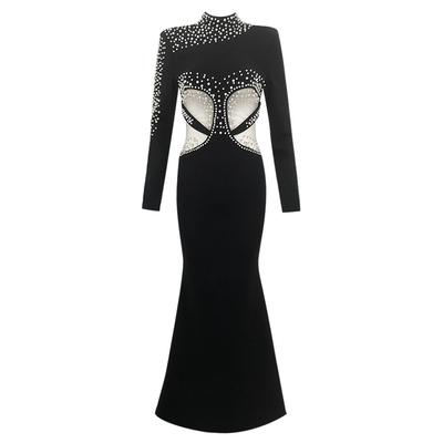 LS2571 Women's Bandage Skirt Elegant Long-Sleeved Mermaid Ball Gown with Luxurious Pearl Evening Dress Made in Guangdong