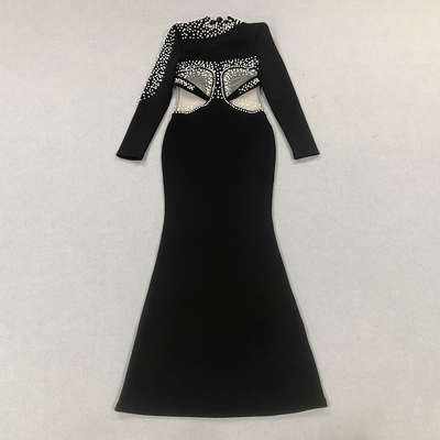 LS2571 Women's Bandage Skirt Elegant Long-Sleeved Mermaid Ball Gown with Luxurious Pearl Evening Dress Made in Guangdong