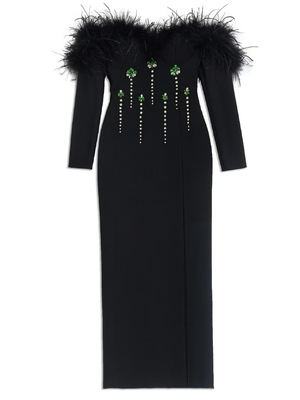 LS2529 Spring Collection Off-Shoulder Crystal Feather Bodycon Bandage Dress for Party Highly Recommended