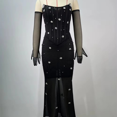 Summer Season Strapless Tight Dress Black Luxury Evening Dress for Women Sexy Cocktail Dress with Gloves Chic and Sexy
