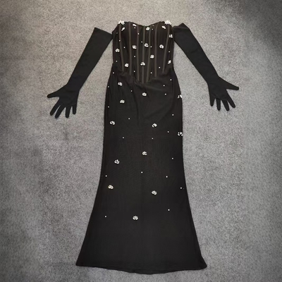 Summer Season Strapless Tight Dress Black Luxury Evening Dress for Women Sexy Cocktail Dress with Gloves Chic and Sexy