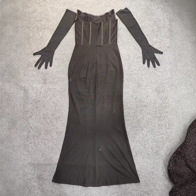 Summer Season Strapless Tight Dress Black Luxury Evening Dress for Women Sexy Cocktail Dress with Gloves Chic and Sexy