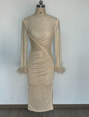Custom Logo Design Supported LS2585 Women's Beaded and Feather Evening Dress for Birthday Party Flowy Sheer Element