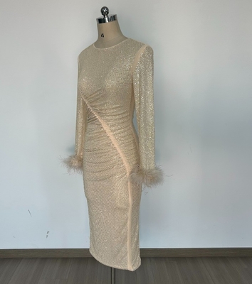 Custom Logo Design Supported LS2585 Women's Beaded and Feather Evening Dress for Birthday Party Flowy Sheer Element