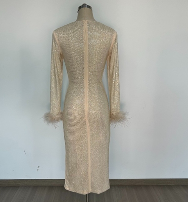 Custom Logo Design Supported LS2585 Women's Beaded and Feather Evening Dress for Birthday Party Flowy Sheer Element