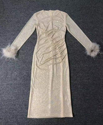 Custom Logo Design Supported LS2585 Women's Beaded and Feather Evening Dress for Birthday Party Flowy Sheer Element