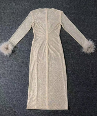 Custom Logo Design Supported LS2585 Women's Beaded and Feather Evening Dress for Birthday Party Flowy Sheer Element