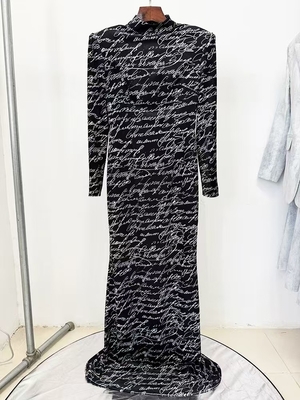 Velvet Black Long Sleeve Party Dress LS2584 Spring Maxi Dress for Women V-Neck Collar 220g Fabric Weight