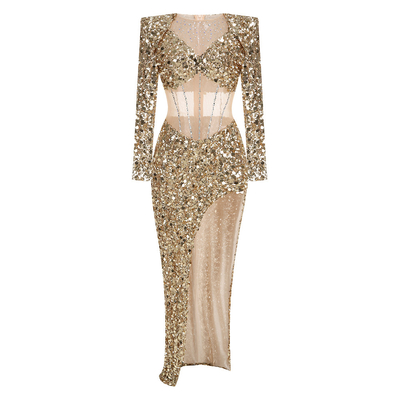 End Su Kun LS2592 Evening Dress Irregular High Slit Water Diamond Decoration Long Sleeves Irregular Style Elastic Material