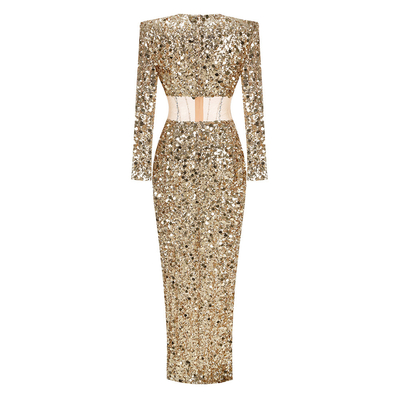 End Su Kun LS2592 Evening Dress Irregular High Slit Water Diamond Decoration Long Sleeves Irregular Style Elastic Material