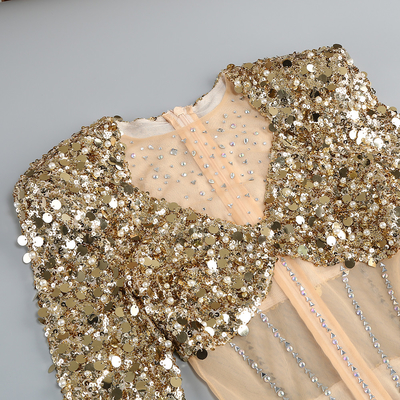 End Su Kun LS2592 Evening Dress Irregular High Slit Water Diamond Decoration Long Sleeves Irregular Style Elastic Material