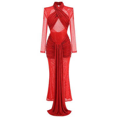 LS2593 Deep Red Bodycon Dress with Backless and Long Sleeves the Perfect Addition to Your Summer Wardrobe
