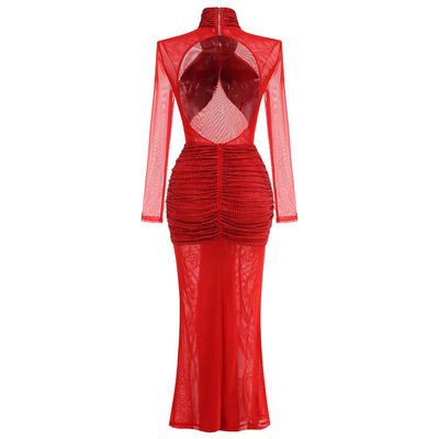 LS2593 Deep Red Bodycon Dress with Backless and Long Sleeves the Perfect Addition to Your Summer Wardrobe