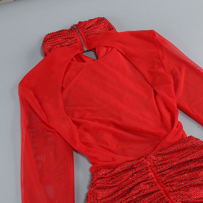 LS2593 Deep Red Bodycon Dress with Backless and Long Sleeves the Perfect Addition to Your Summer Wardrobe
