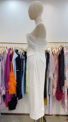 SB3111 Satin Off-Shoulder Pearl Fringe Party Dress Sleeveless Tight Celebrity Elegant Evening Gown for Feminine's Party