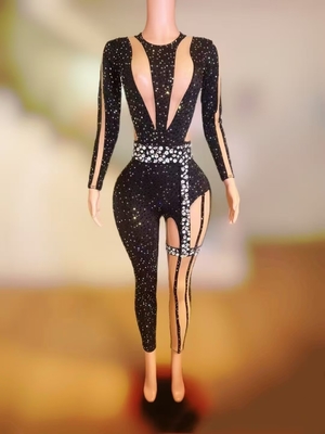 Supporting Needlework AD2421 Black Nightclub Women's Jumpsuit Sexy Party Jumpsuit Performance Costume Luxury Rhinestone