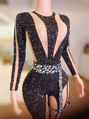 Supporting Needlework AD2421 Black Nightclub Women's Jumpsuit Sexy Party Jumpsuit Performance Costume Luxury Rhinestone