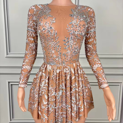 AD2372 Women's Luxurious Crystal Tight Mini Dress with Crown Waistline and None Crafted Long Sleeve End Fashion