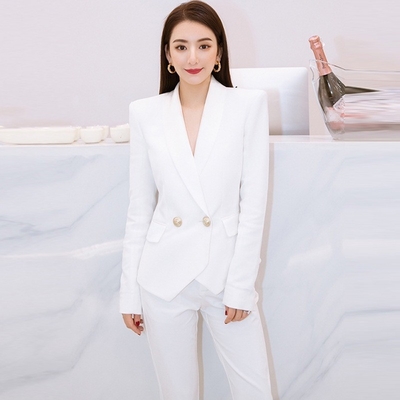 SR2245 Spring Collection Elegant Two-Piece White Suit Set for Women's Business in Tight Fit