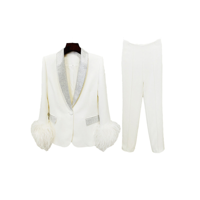 Elegant Women's Luxurious Pearl Two-Piece Party Office Suit with Regular Sleeves and Polyester Cotton Blend Material Type