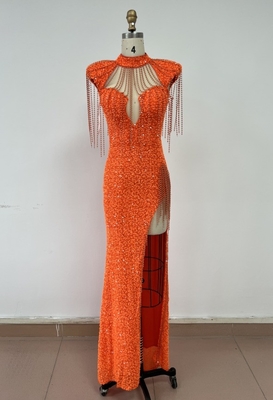 ED2570 Orange High Slit Sexy Maxi Dress Luxury Evening Dress for Women Elegant Party Dress Shiny Pearl Evening Gown