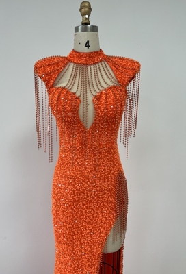 ED2570 Orange High Slit Sexy Maxi Dress Luxury Evening Dress for Women Elegant Party Dress Shiny Pearl Evening Gown