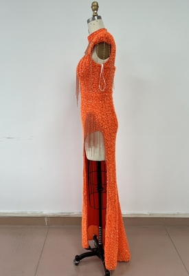 ED2570 Orange High Slit Sexy Maxi Dress Luxury Evening Dress for Women Elegant Party Dress Shiny Pearl Evening Gown
