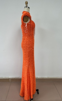 ED2570 Orange High Slit Sexy Maxi Dress Luxury Evening Dress for Women Elegant Party Dress Shiny Pearl Evening Gown