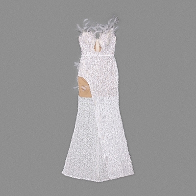 Strapless Neckline ED2583 Luxury Evening Dress Feather Birthday Gown for Women Pearl Embellishment