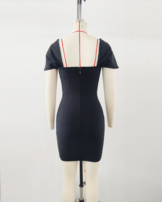Summer Kimsheinfashion Black Short Sleeve Bandage Dress Square Neckline and Water Diamond for a Sophisticated Party Look