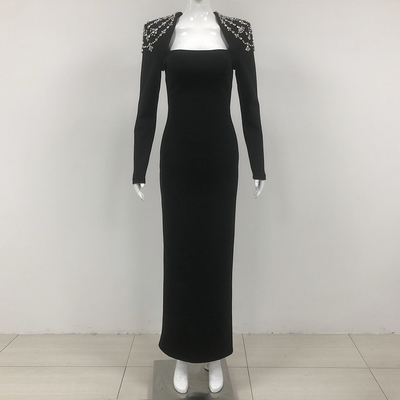 LS2566 Elegant Women's Crystal Dress Long-Sleeved Party Bandage Skirt Straight Cut for Clothing Retailers